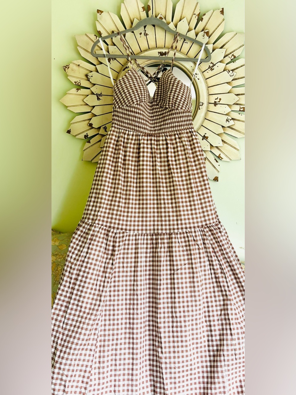 Altar'd State White Brown Gingham Maxi Dress with adjustable Straps Size Small - Picture 2 of 7